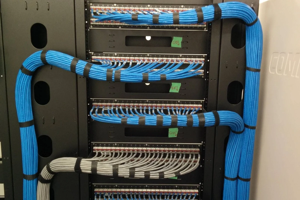 Real-world professionally organized network rack and structured cabling