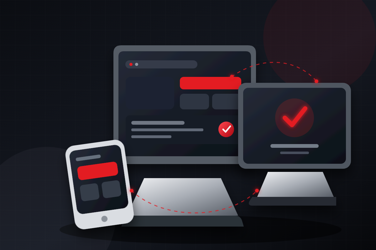 Custom OMNIVIR illustration of connected point-of-sale, kiosk, and mobile payment systems